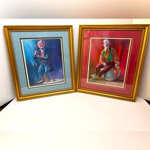 Clown Prints by Jon Rigsby Set Of 2 Blue & Maroon Matted w/Gold Frames Sad/Happy